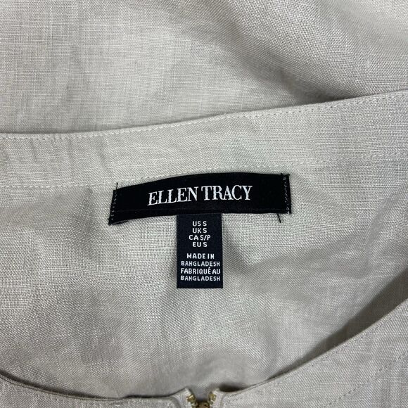 Ellen Tracy Tan 100% Linen Tunic Sm Lagenlook Boho Roll Tab Sleeve Quiet Luxury - Picture 8 of 12